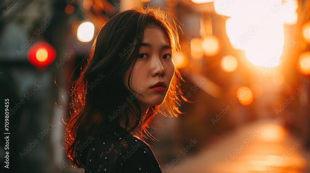 A young Asian woman in a full length shot with a flare light background. A young Asian woman in a full length shot with a flare light background.