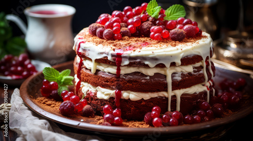Chocolate cake with raspberries and cherries on a wooden table. photo