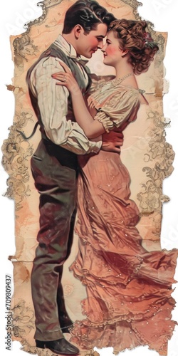 Decoupage Delight. A Vintage Retro-Styled Card Showcasing a Beautiful Young Couple Expressing Happy Love and Tenderness, Perfect for Celebrating Valentine's Day.