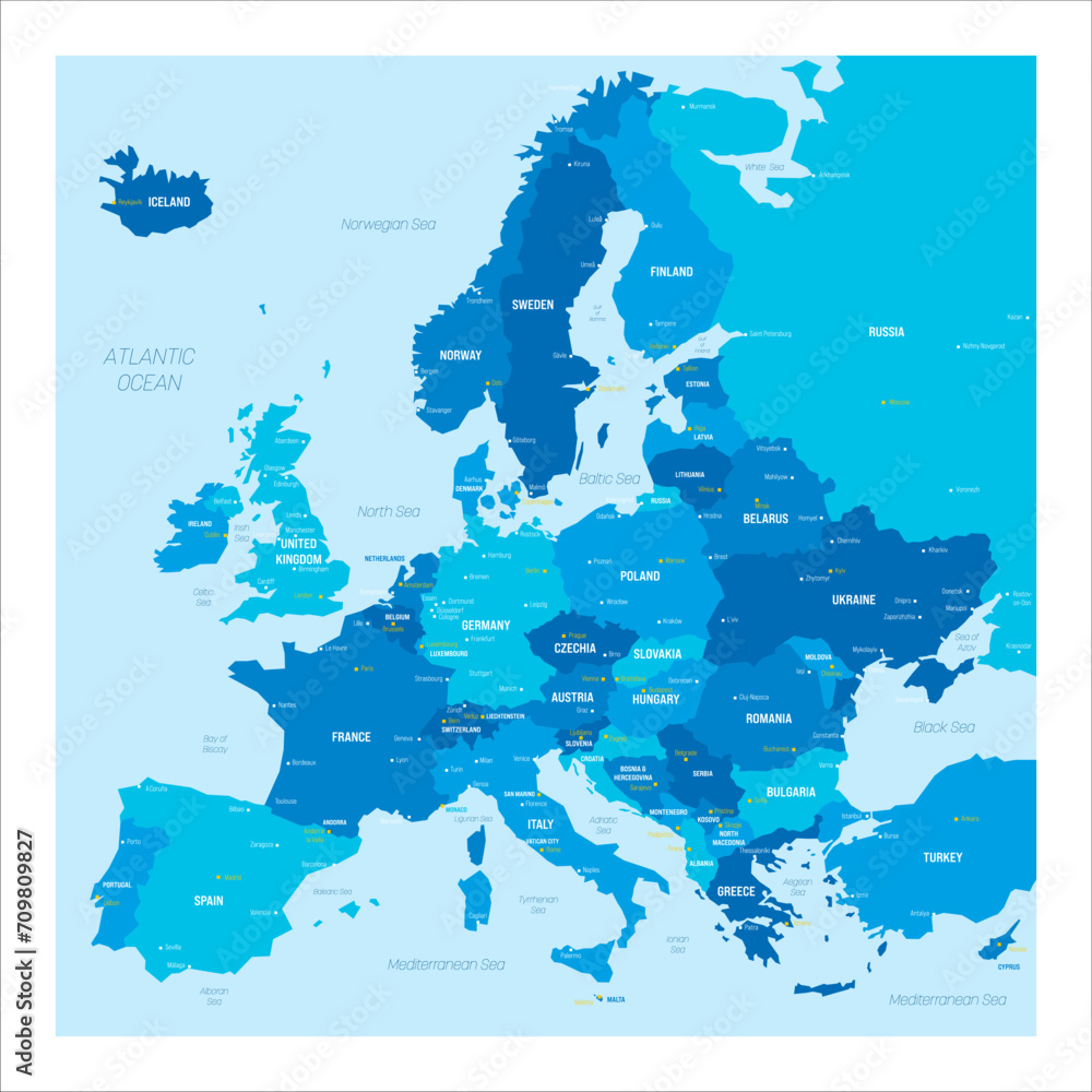 Naklejka premium Political map of Europe with cities. Blue colored vector map with capital and other city dots, country and water labels.