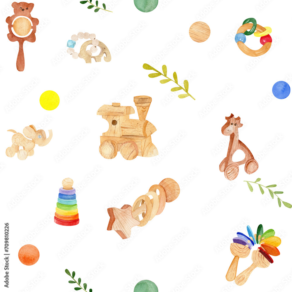 Obraz premium Watercolor seamless pattern with wooden children's toys: pyramid, teething accessories, giraffe, rattle, locomotive White color background. Ideal for scrapbooking, printing, textiles and other ideas