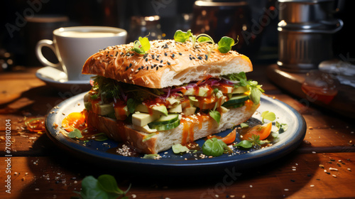 Vegetarian sandwich with avocado, tomato, cucumber and sesame seeds.