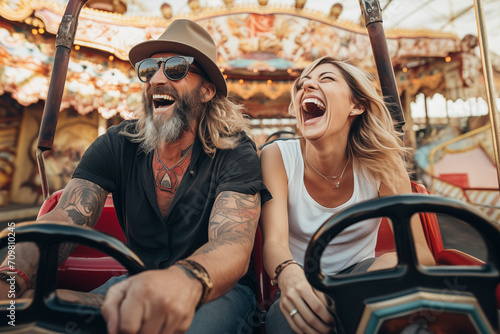 Adult youthful trendy couple have fun together in bumbers cars in amusement park laughing a lot and enjoying outdoor leisure activity together. Festive people day man and woman happy lifestyle photo