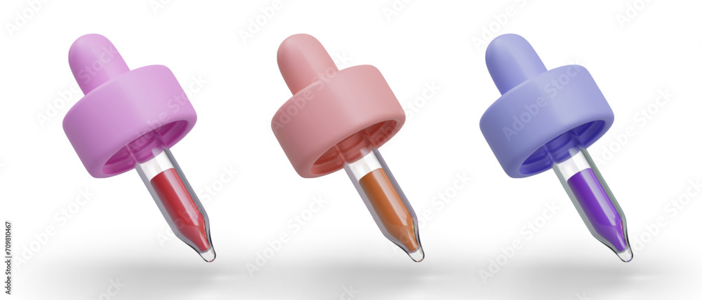 Set of realistic pipettes with liquid of different colors. Transparent glass container for liquid dosing. Tilted pipette cap. Packaging for medicines, medical, cosmetic products Set of realistic pipettes with liquid of different colors. Transparent glass container for liquid dosing. Tilted pipette cap. Packaging for medicines, medical, cosmetic products