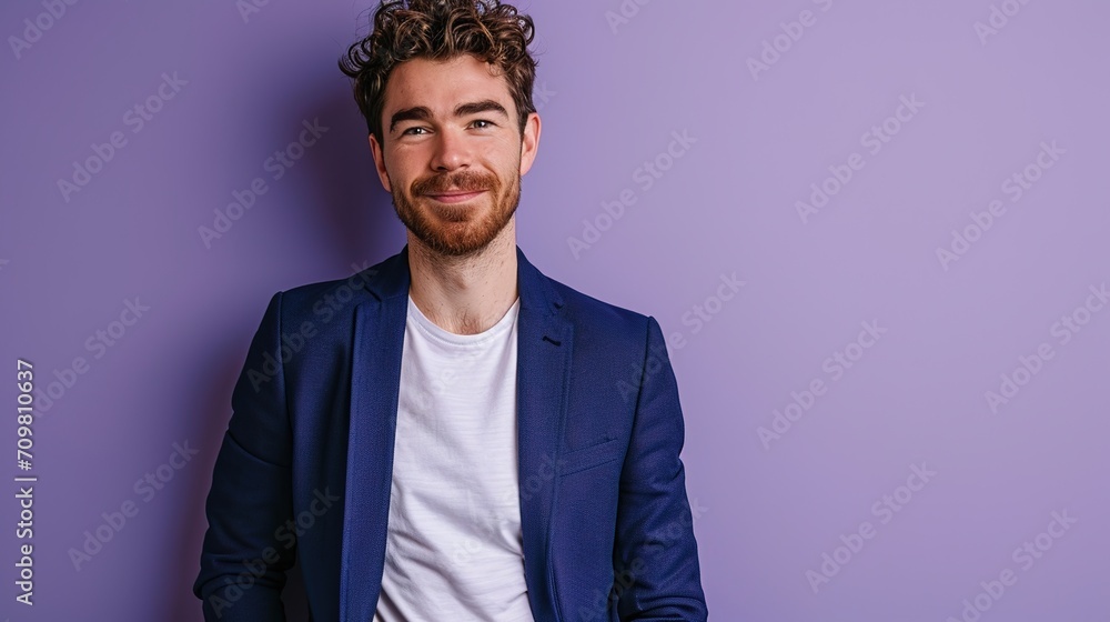 prosperous businessman and staff member On an isolated pastel purple background, a formal blue suit with white t-shirt. - obrazy, fototapety, plakaty 