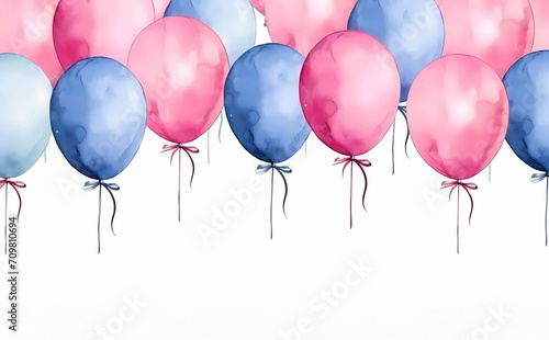 Watercolor pink and blue colorful balloons on a white background with copy space  