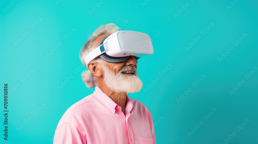 senior man with pink shirt and white beard using VR set over blue background with copy space