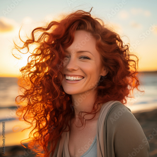 Young woman with long red curly hair smiles looking into camera. In background ocean with sunset. Concept of freedom and free time.Travel and holidays, people walking in tropical destination alone