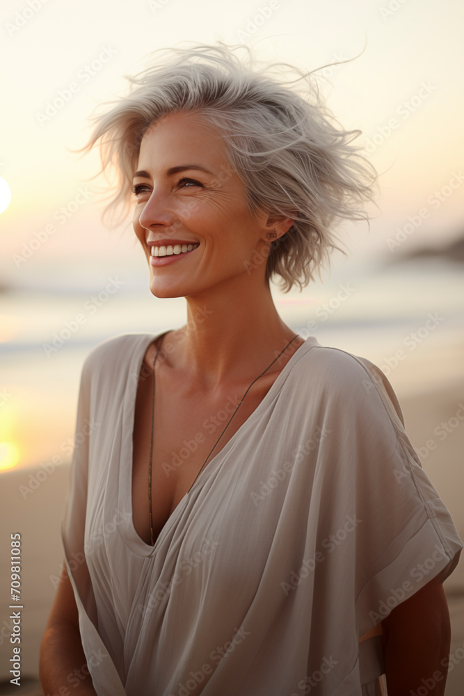 Happy beautiful mature senior woman smile and enjoy nature and beach in outdoor leisure activity alone. Wellbeing and feeling mindful lifestyle female people with long whit4 hair looking away holiday Happy beautiful mature senior woman smile and enjoy nature and beach in outdoor leisure activity alone. Wellbeing and feeling mindful lifestyle female people with long whit4 hair looking away holiday