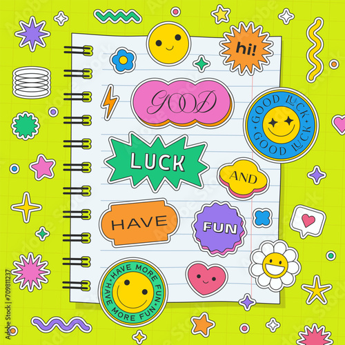 Cute Y2k Notebook Paper Page Template. Cool Note With Pop Art Stickers. Kawai Patches Illustration. Good Luck Funny Artwork.