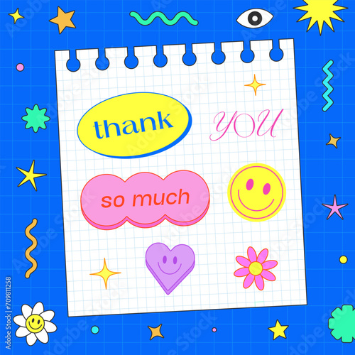 Cute Y2k Notebook Paper Page Template. Cool Note With Pop Art Stickers. Kawai Patches Illustration. Thank You So Much Funny Artwork.
