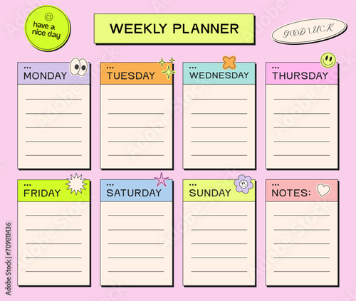 Cool Modern Weekly Planner Y2k Style. Trendy Week Plan Print Vector Design.