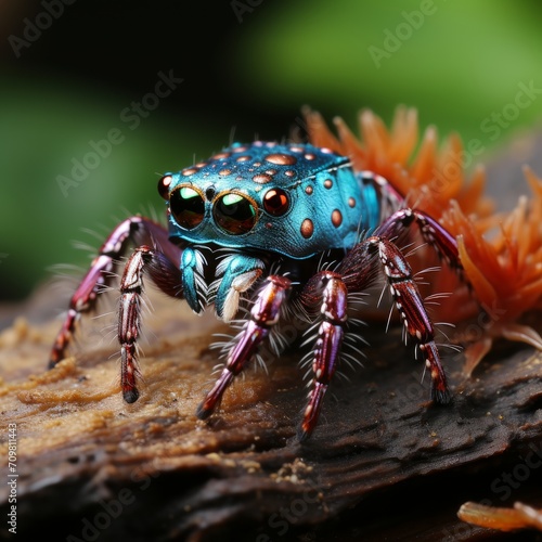 Photo of a baby peacock spider dancing to attract a mate. Generative AI