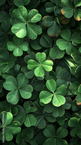 Lucky Irish Four Leaf Clover in the Field for St. Patrick's Day holiday symbol. Green background with three-leaved shamrocks.