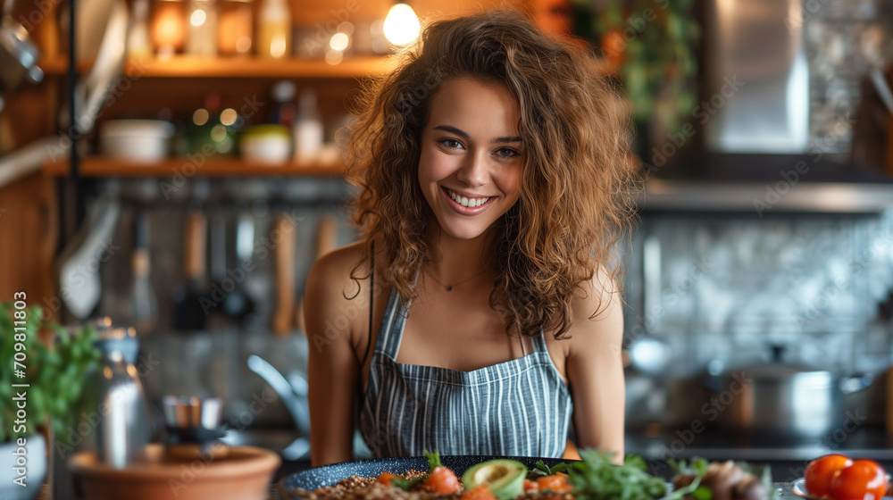 Young Woman Smiling and Holding a Bowl of Healthy Food
