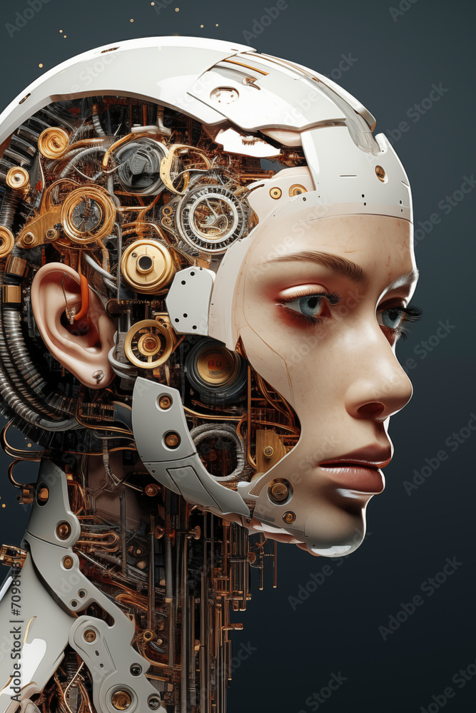 Side view portrait half woman half robot AI artificial Intelligence concept future planet. Young male with robotic component on his back head. Blue background. Concept of technology next generation Side view portrait half woman half robot AI artificial Intelligence concept future planet. Young male with robotic component on his back head. Blue background. Concept of technology next generation