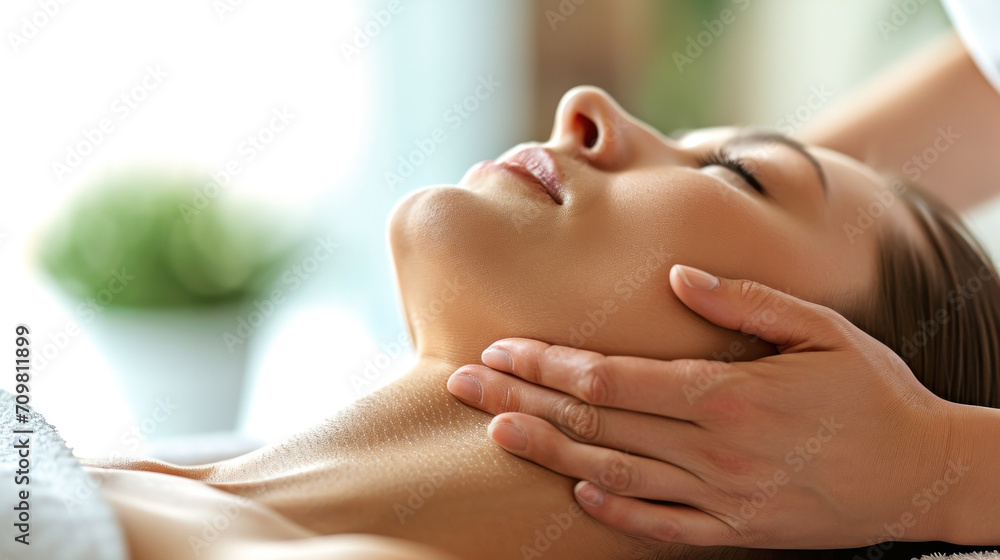 A spa massage and facial and neck treatment for relaxation and tranquility. Close-up kinesitherapy session for attractive middle-aged female patients A spa massage and facial and neck treatment for relaxation and tranquility. Close-up kinesitherapy session for attractive middle-aged female patients