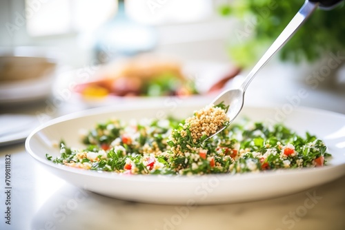 tabouli being fluffed with a fork, bright kitchen setting photo