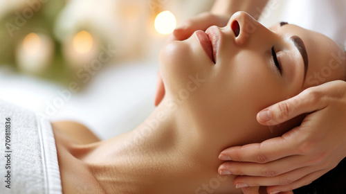 A spa massage and facial and neck treatment for relaxation and tranquility. Close-up kinesitherapy session for attractive middle-aged female patients