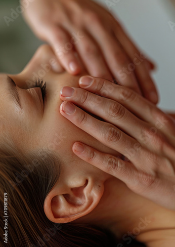 A spa massage and facial and neck treatment for relaxation and tranquility. Close-up kinesitherapy session for attractive middle-aged female patients