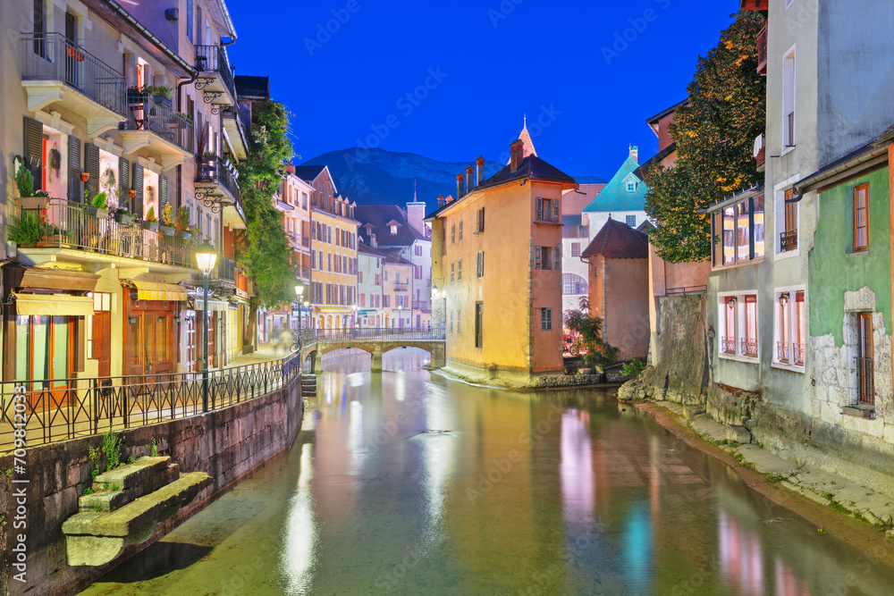 Annecy, France on the Thiou River at twilight.