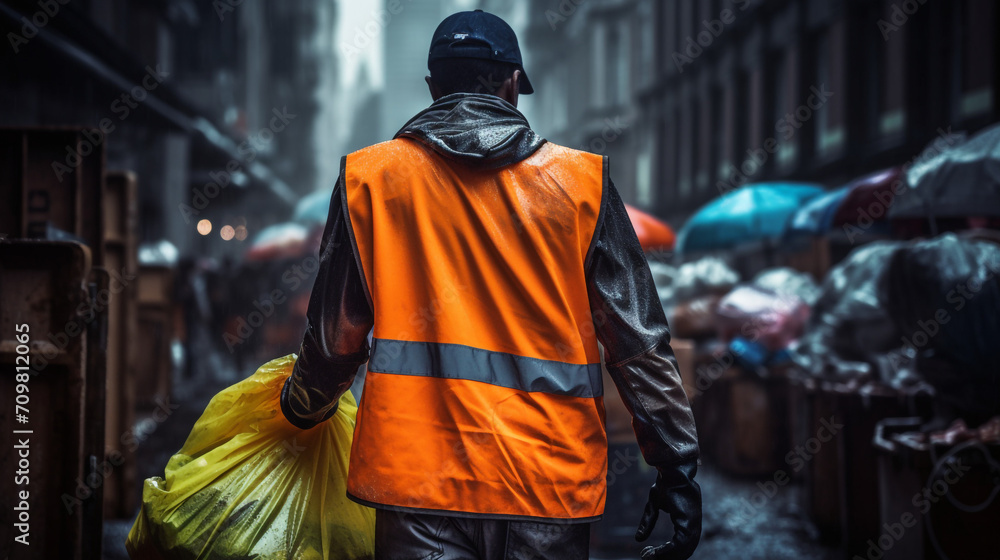 back photography of a worker wearing orange vest and gloves with trash bag created with Generative Ai back photography of a worker wearing orange vest and gloves with trash bag created with Generative Ai