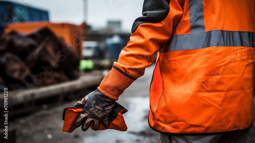 back photography of a worker wearing orange vest and gloves with trash bag created with Generative Ai