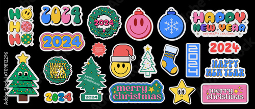 Set of Cool Christmas Stickers Collage Background. Collection Of Y2k Smile Happy New Year 2024 Patches Vector Design. Pop Art Elements.