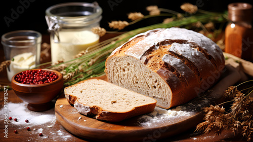 Freshly baked bread on a wooden board with wheat and flour.