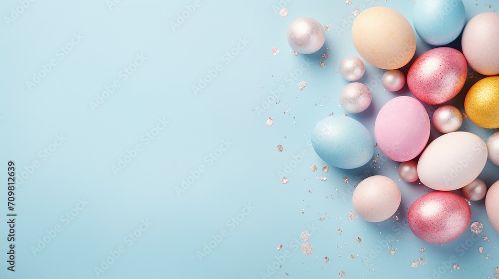 Easter Decor Concept: Vibrant Top View Photo of Yellow, Pink, and Blue Eggs with Sprinkles on Isolated Pastel Blue Background – Festive Holiday Celebration Composition with Blank Space
