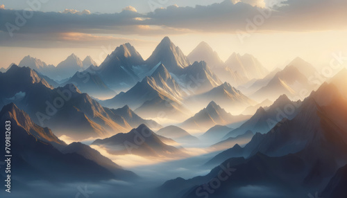 Sunset casting golden hues on mountainous terrain and mist. Exploration concept. Generative AI