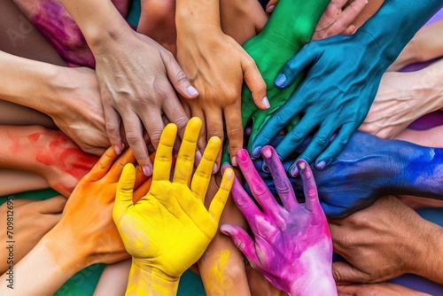 Hands Together for Diversity. An Inspiring Image of People from Various Backgrounds Joining Hands in Unity, Celebrating Diversity and Inclusivity. photo
