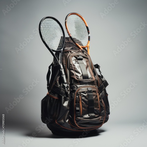Tennis racket with sports bag isolated on white background photo
