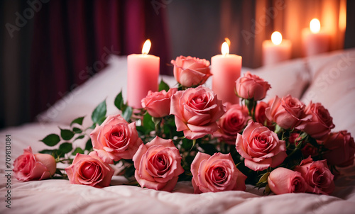 Closeup view on a bunch of red roses on the bed. Against the background of burning candles. The atmosphere is cozy and beautiful.