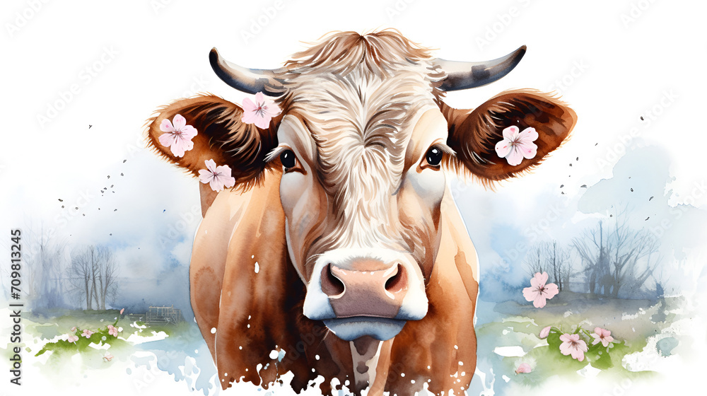Watercolor illustration of a red cow with flowers
