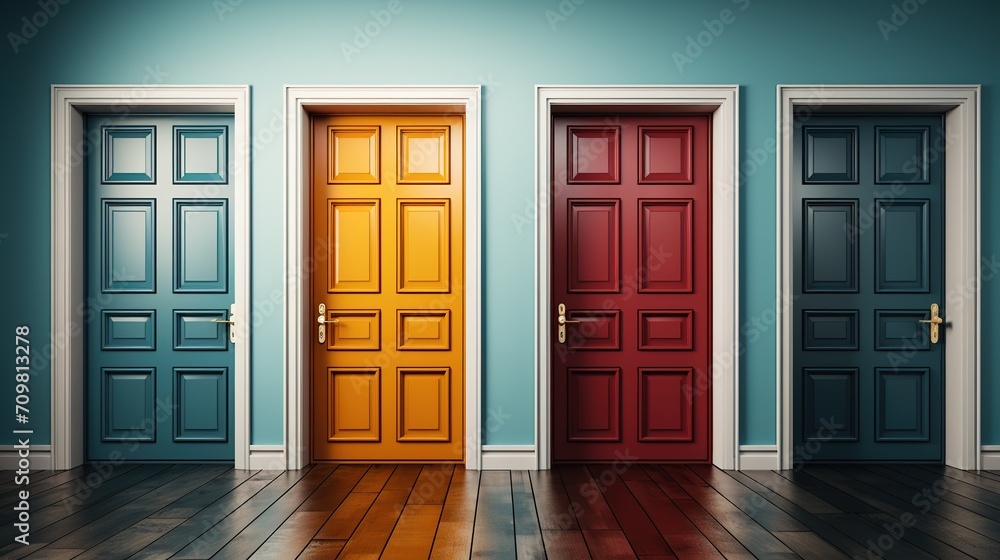 Four doors with empty wall. Four colourful doors on isolated light background. Four different doors.