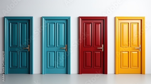 Four different coloured doors on isolated background. Four doors four choices. Door styles.