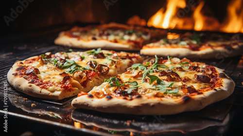 pizza is cooked in a wood-fired oven.