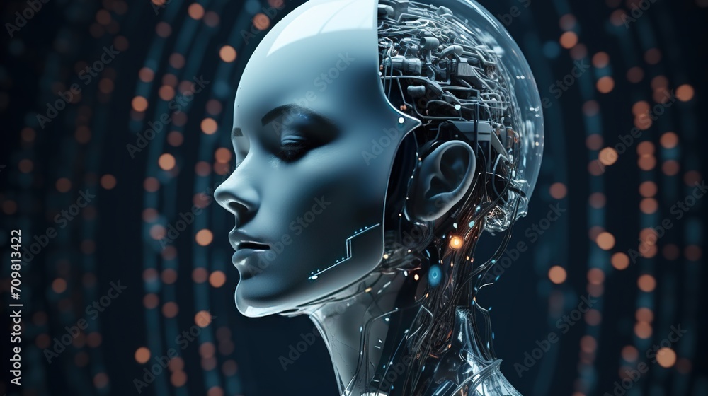 Artificial intelligence in humanoid head. Humanoid female robot head. Robot head. Artificial intelligence in humanoid head. Humanoid female robot head. Robot head.