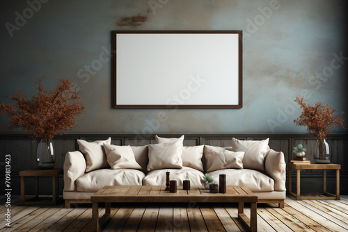 Visualize a comforting atmosphere featuring a brown sofa and a coordinating table, framed by an absolutely empty blank frame, awaiting your text.