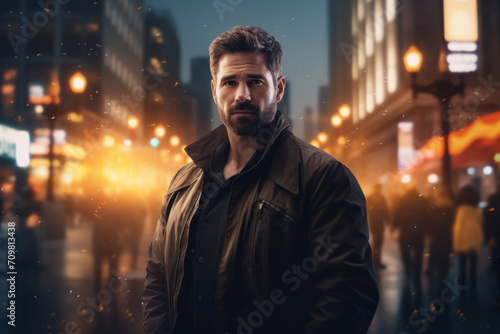 Man on blurred city background represents security