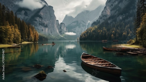 Canoe in a lake with a mountain view. Wooden boat in a lake. Beautiful lake in the mountains. #709813467