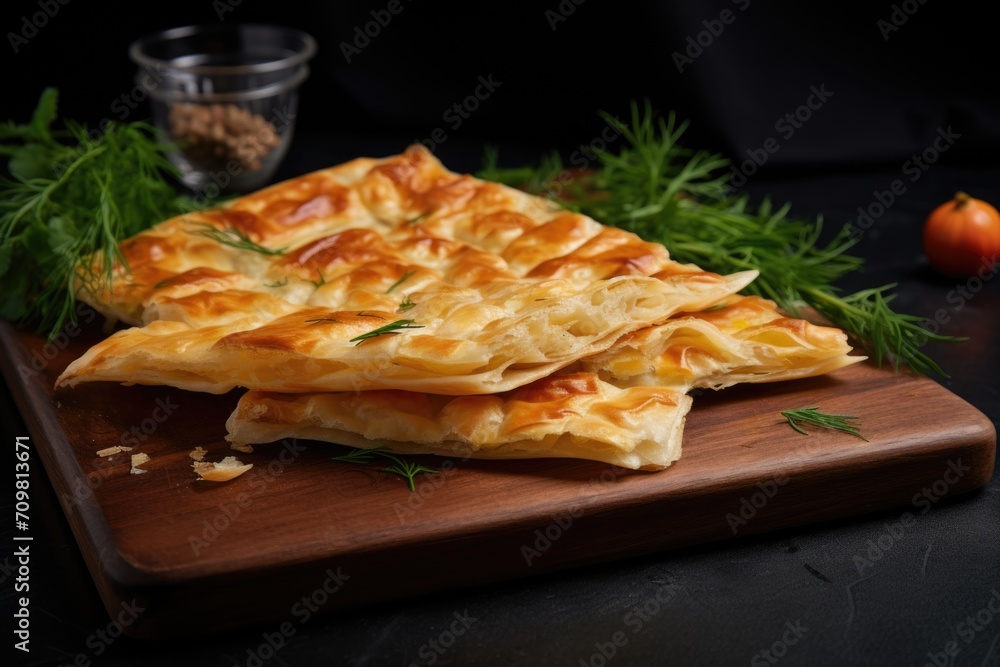 Baked khachapuri with cheese and herbs on a wooden board