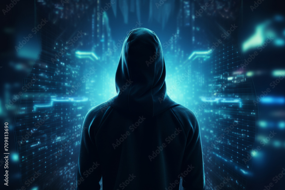 Hacker in hoodie with data protection interface Hacker in hoodie with data protection interface