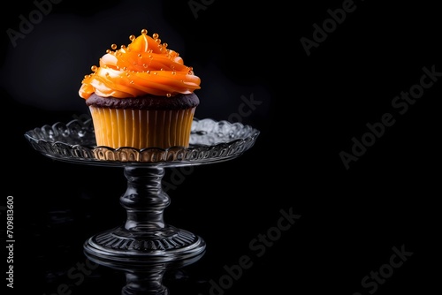 Cupcake on a glass stand on a dark background orange 