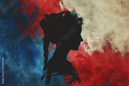 French Marianne silhouette with braids on a red and blue background. photo