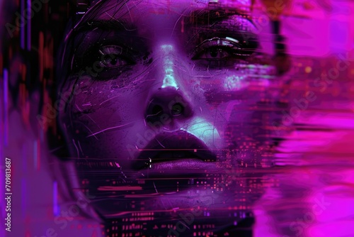 Futuristic cyborg woman portrait with glitch effect.