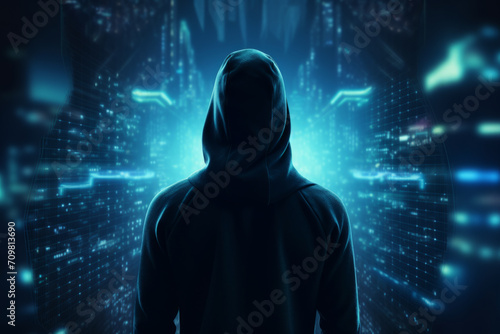 Hacker in hoodie with data protection interface © darshika
