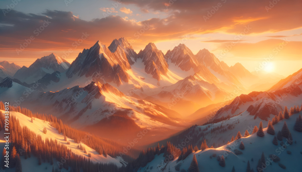 Golden sunrise over snowy mountain ridges and pine forests. Generative AI