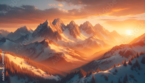 Golden sunrise over snowy mountain ridges and pine forests. Generative AI